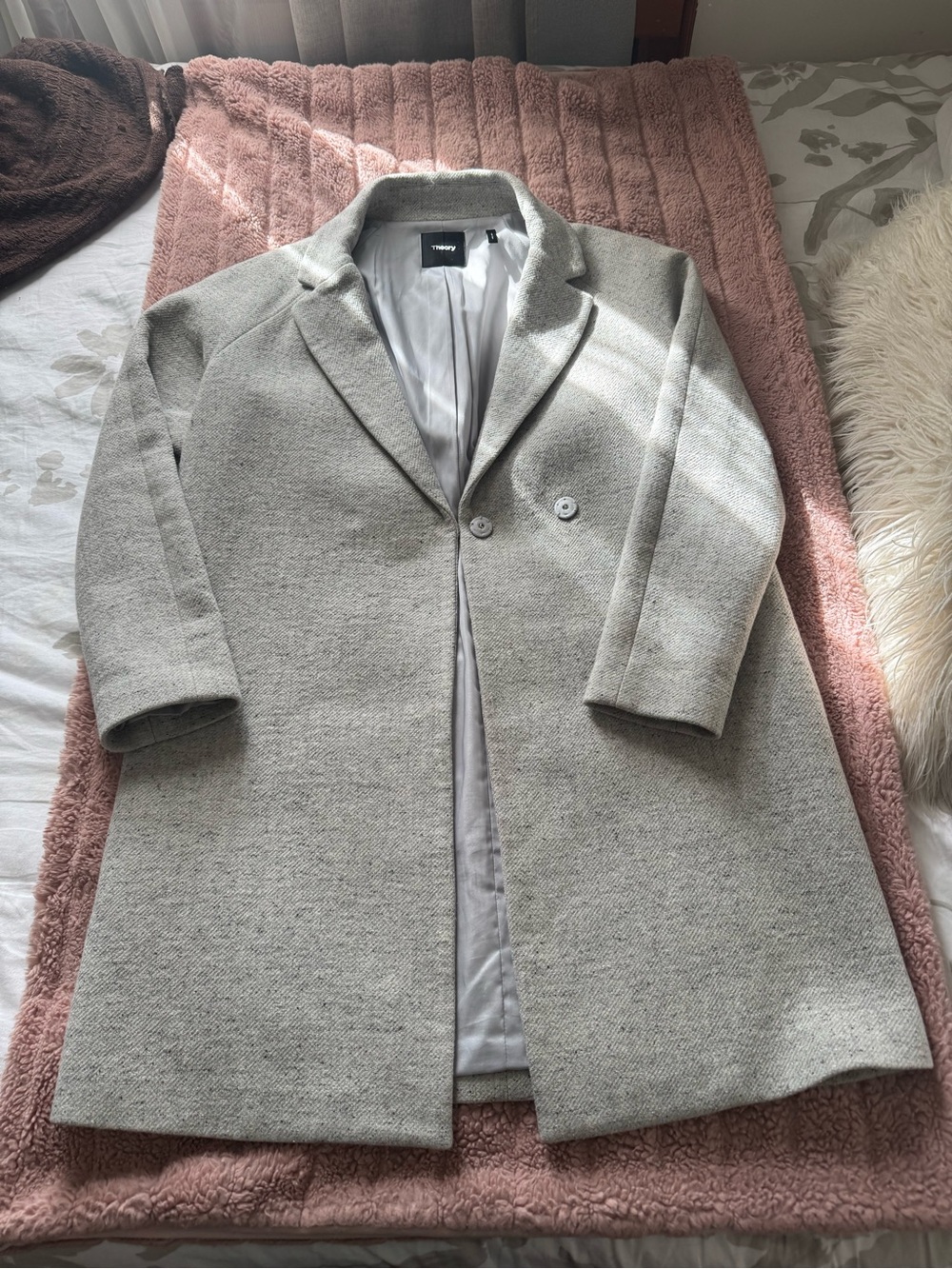 Theory Women’s Light Gray Single-Breasted Wool-Blend Pea Coat